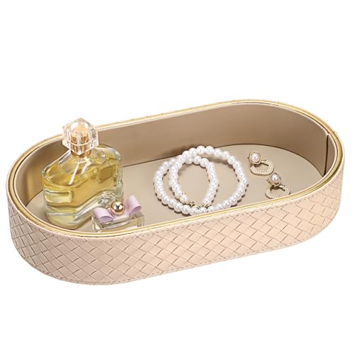 Hipiwe Perfume Trays PU Leather Vanity Tray for Dresser Bathroom Valet Trays Oval Desk Tray Jewelry Dish Holder Decorative Catchall Trays Nightstand Organizer, Beige - color: Beige