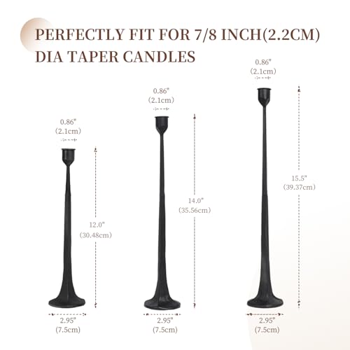 Set of 3 Candle Stick Holders,Iron Black Candlestick Holders, Fits 3/4 inch Thick Candles, Tapered Candle Holders Tall Set for Dining Table, Wedding, Home Decoration - color: Black-straight, size: 12”,14”,15.5”