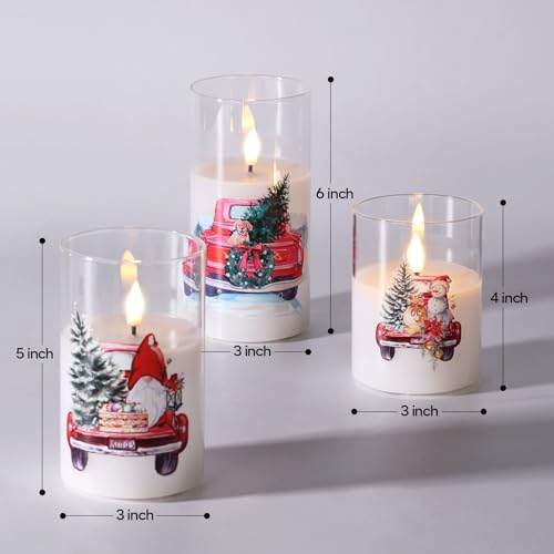 Eywamage Christmas Glass Flameless Candles with Remote, Flickering LED Pillar Candles Holiday Table Decor Gift Set of 3 - color: Red Truck