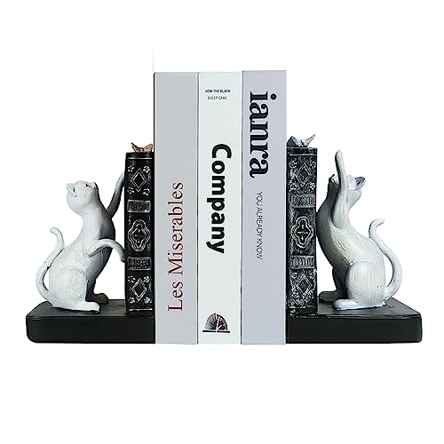 LIFFY Cat Decorative Bookends Decor Unique - Heavy Duty Book Holder, Modern Living Room Decor, Non Skid Bookshelf Stopper, Cute Book Ends for Shelves, Study, Office Desk, Vintage Decor - color: White Cat