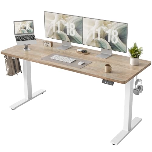 TIQLAB Standing Desk 63 x 24 inch, Electric Height Adjustable Desk with Splice Board, Sit Stand Desk Computer Table for Home Office, White Frame/Maple Top - color: Maple, size: 63*24 inch