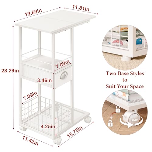 Rolling Side Table with Storage Drawer, White Bedside Table with Wheels, TV Tray for Sofa, Portable Desk on Wheels, Modern Night Stand, Overbed Table for Bedroom, C Shaped End Tables Living Room - color: White, size: Large (With Drawer & Wheels)