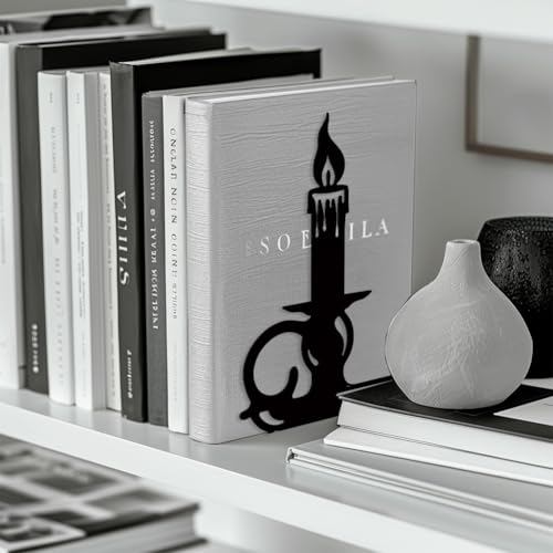 Peacoblue Metal Bookends for Shelves, Modern Decorative Heavy Duty Study Book Support Stoppers for Office, Desk, Shelf, Room 5.3"x4.3"x7.9" Cast Iron Tall Bookends, 1 Pair (Quill Pen and Candlestick) - style: Quill Pen and Candlestick