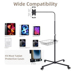 Premium Rolling Tablet Floor Stand with Heavy Duty Industrial Wheels & Storage Basket, Tall Adjustable iPad Stand Floor on Wheels, Universal Mount Holder for iPad Pro, Air, Mini, Phone