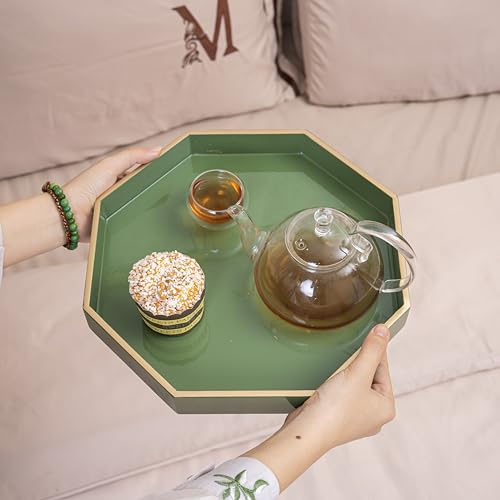 PEMAR 12.2" Octagonal Lacquer Serving Tray Decorative Basket Tray for Breakfast, Dinner, Coffee Table Decor (Green)