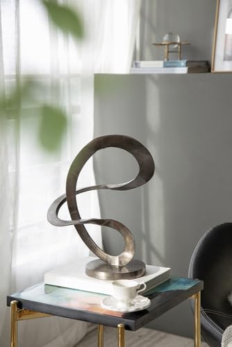 14.5” x 16.5” Black Metal Curved Abstract Art Sculpture with Round Base, Modern Art Deco Home Accent Sculpture, Centerpiece for Tabletop, Mantel, Bookshelf, Countertop, Office, Living Room