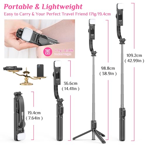 Selfie Stick Tripod with Fill Light, All in One Extendable Selfie Stick with Detachable Wireless Remote, Flexible Phone Tripod Stand Compatible with iPhone/Galaxy, Compact Size & Lightweight - style: Black & With Light