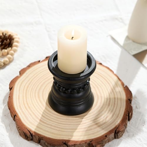 Wooden Candle Holder with Metal Cup - Rustic 4 Inch Pillar Candles Pedestal Stand for Tabletop, Fireplace, Decorative Beaded Candlestick Holders for Farmhouse Vintage Home Decor - Black - color: Black