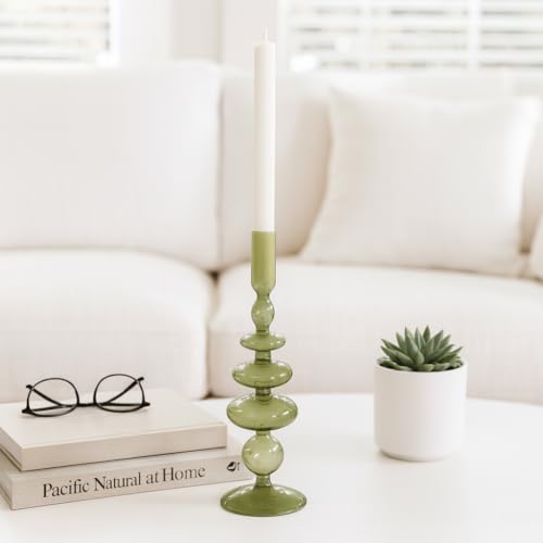 Vintage Glass Candle Holder for Pillar Candles – Taper Candle Holders for Table Decor, or Living Room – Stacked Disc and Sphere Design Candlestick Holders, Boho Home Decor – 11", Green - color: Green, size: 11.0" H