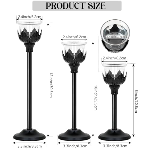 Set of 3 Metal Tea Light Candle Holder with 3 Glass Cups, 12/10/8 Inch Elegant Tealight Candelabra Centerpiece for Wedding Table Decor, Tiered Home Party Decoration (3, Black) - color: Black