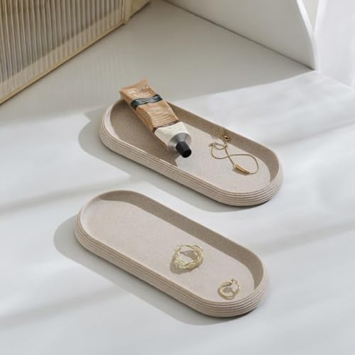 Jewelry Tray Bathtub, Resin Stone Look Decorative Perfume Tray, Bathroom Marble Vanity Organizer Plate Holder for Ring Soap Towel Small Things on Kitchen Sink Countertop (Beige, Medium) - color: Beige, size: 10.2" x 4.4" x 0.8"