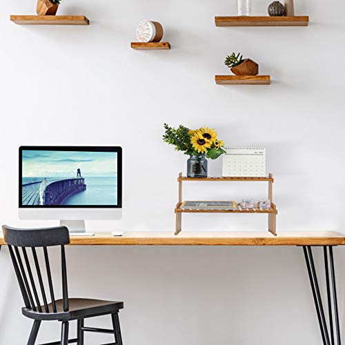 GURECOD 14.6"/18.5" 2 Tiers Bamboo Plant Stand Shelf,Desk Flower Pot Holder,Adjustable Desktop Shelf Display Organizer Ladder Rack for Office Decorate Storage Rack,Kitchen Rack (18.5" Length) - size: 18.5" Length
