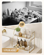 Mustry Bathroom Countertop Organizer, 2-Tier Makeup Organizer for Vanity, Wooden Shelf with Gold Metal Frame for Skincare, Perfume & Decor (White&Gold)