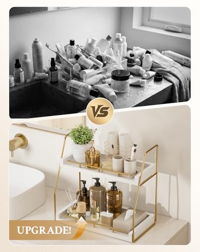 Mustry Bathroom Countertop Organizer, 2-Tier Makeup Organizer for Vanity, Wooden Shelf with Gold Metal Frame for Skincare, Perfume & Decor (White&Gold)