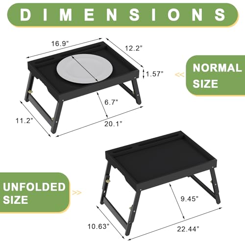 Artmeer Bed Tray Table with Folding Legs, Bamboo Breakfast Food Tray with Media Slot, Use As Platter, Laptop Desk, Snack, TV Tray Kitchen Serving Tray (Black Large Adjustable Legs) - color: Black, size: Large Adjustable