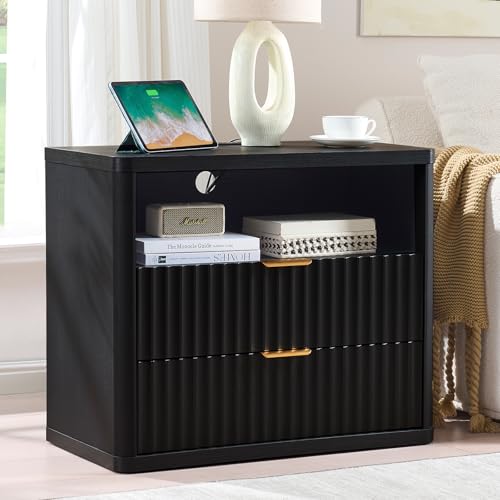 LEYAOYAO 31" Wide Fluted Nightstand with Charging Station, Oversized Extra Large 2 Drawers Night Stand,Black Wood Bedside Table,Tall Bed Side End Tables,Modern Chest of Drawers Dressers for Bedroom - color: Black, size: 2 Drawers