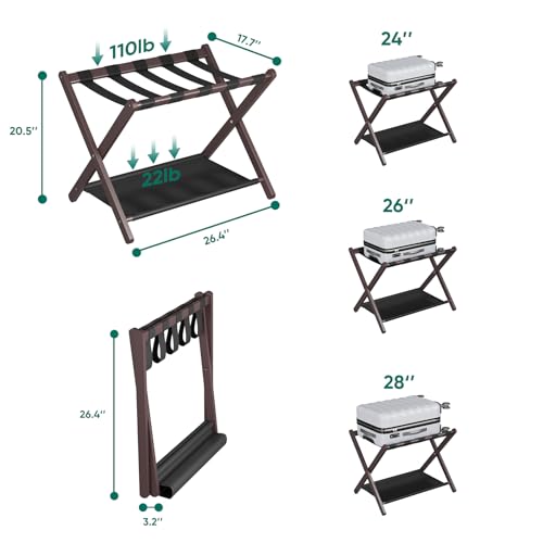 Smuxee Brown Bamboo Luggage Rack Pack of 2, Foldable Suitcase Stand with Storage Shelf, Easily Assembled Luggage Stand with 5 Nylon Straps for Guest Room Bedroom Hotel - color: Brown 2PCS