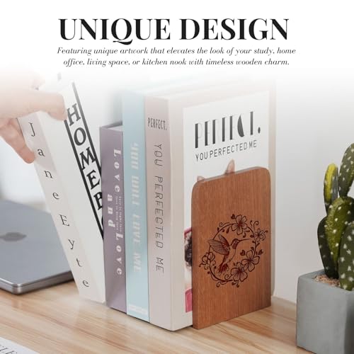 Hummingbird Wood Bookends， Bird Bookends, Gifts for Hummingbird Lovers - Heavy Duty Iron & Ebony Wood Book Ends for Shelves Bookcase Desk - 1 Pair, 4.72x6.69 Inches