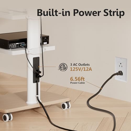 FITUEYES Rolling TV Stand with Power Outlets, Swivel Portable TV Stand for 32-70Inch LCD LED OLED Flat/Curved Panel Screen TVs, Height Adjustable&Wood Base, Mobile TV Cart with 2 Shelves - color: White, style: With Wheels & Power Strip