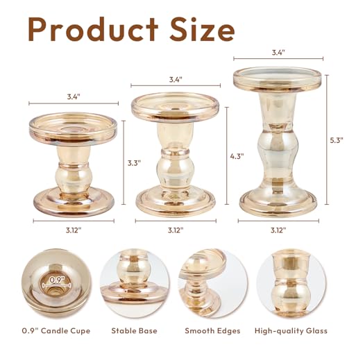 Glass Candle Holders, Set of 3 Candle Holders for Pillar Candles, Candlestick Holder for Pillar Taper TeaLight Candles, Table Centerpiece for Wedding Dining Living Room Home Decor