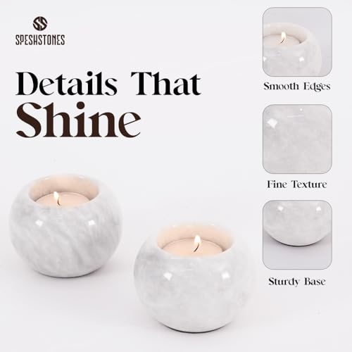 Marble Tealight Candle Holder 3 Inch Handmade White Stone Votive Holders for Gifts & Wedding Decorations - Small Tea Lights Candles Set of 2 for Dining Table Decor - size: 3 inches