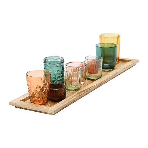 Creative Co-Op Round Glass Votive Holders on Wood Tray, Yellows & Greens, Set of 9 - color: Yellow/Green
