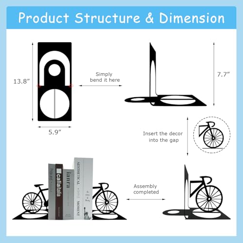 Metal Bicycle Bookend, Bike Bookends, Bicycle Bookends Pair in Metal, Bike Book Ends for Shelves, Heavy Book Supports, Book Organizer, Black Book Holders for Home Office
