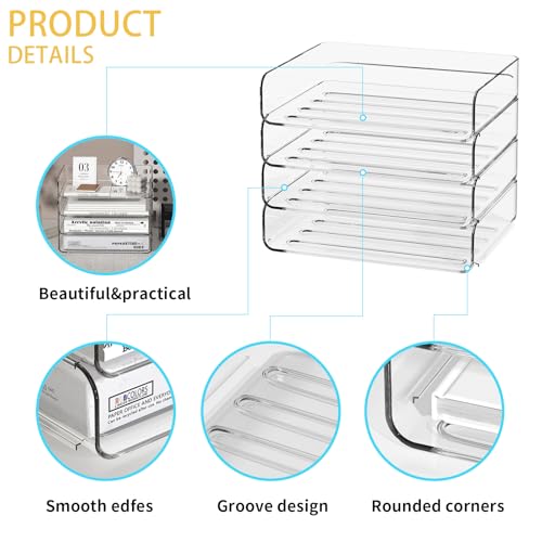 FANXIYQ 4-Tier Acrylic Paper Tray Organizer - Low-Profile Desk File Sorter for Office/Home, Clear Stackable Letter Tray for Bills, Crafts, Notebooks - color: 4-tier-horizontal, size: 12.6" x 9.6" x 11"