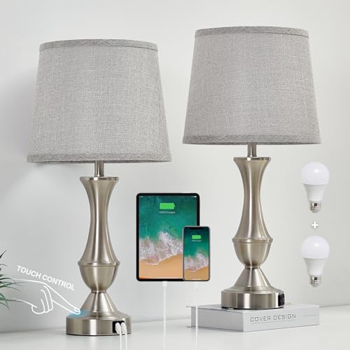 Touch Table Lamps Set of 2, 22" Tall Bedside Lamps, Nightstand Lamps with USB C+A Charging Ports, Dimmable Lamp for Bedrooms, Living Room, Office, Silver Lamp with Grey Lampshade, Bulbs Included - color: Silver,Grey, size: 22in