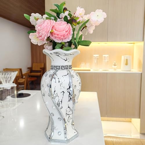 Modern Decorative Vase,Silver Flower Vase for Home Decor with Rhinestone,30 cm Luxury Ceramic Vase for Centerpiece,Living Room,Bedroom,Large Flower Vase - style: 30cm Sliver--Beads