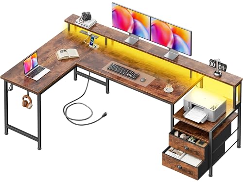 66'' L Shaped Desk with Power Outlets and USB-C Port, Reversible Office Desk with drawers and Storage Shelves, Computer desk with Led Lights and Host stand for Home Office, Gaming, Work, Rustic Brown - color: Rustic Brown