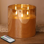 Eywamage 3 Wick Gold Glass Flameless Candle with Remote, Large Flickering LED Battery Pillar Candle Φ 6" H 6" - color: Gold