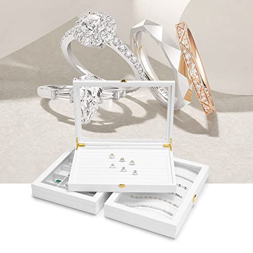 Oirlv Premium Blue Leather 24 Grid Jewelry Tray with Transparent Lid Earrings Rings Organizer Box Stackable Jewelry Box Drawer Inserts Women Gift - color: White, size: 24 Grid