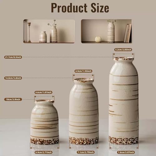 Rustic Ceramic Vase Set of 3 - Beige Rustic Vases for Flowers,Farmhouse Flower Vases for Home Decor,Small Decorative Vase Set for Living Room,Table Shelf,Centerpieces and Fireplace Decorations - color: Beige, size: Set of 3 (8.54 IN, 5.82 IN, 3.93 IN)