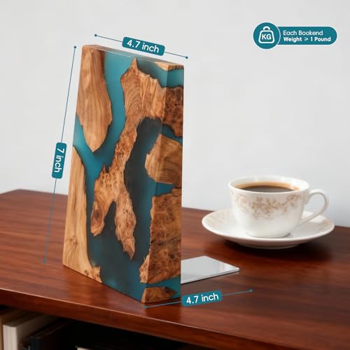 Glow in The Dark Bookends, Wood Bookends for Shelves,Blue Luminous Book Ends with Burl Wood and Resin,Decorative Book Stopper Binder and Dividers, Blue, Large,Unique Desk Decor for Home Office Library - color: Blue