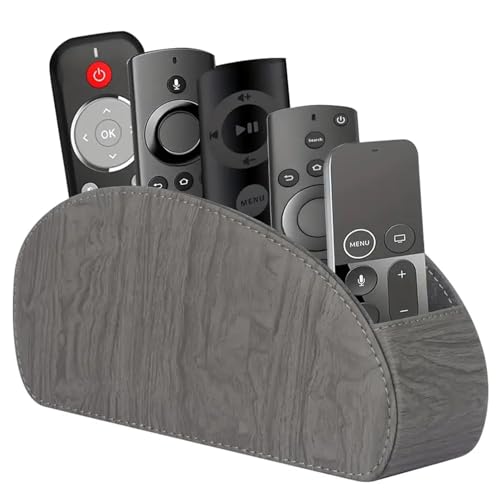 Remote Control Holder, Leather 5 Rooms Desk Organizer and Decorations for Living Room, Bedside Storage Remotes Caddy for TV Controllers/ Makeup Brush Pen/ Office Stationery/ Art Supplies/ Eyeglasses - color: Grey wood grain, size: Small