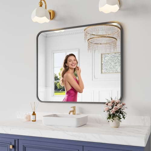 Koonmi Bathroom Mirror, 30X36 Inch Black Metal Framed Mirror for Bathroom, Tempered Glass, Anti-Rust, Rounded Rectangle Mirror for Restroom, Bedroom, Black - color: Rounded Edged, size: 36"L x 30"W