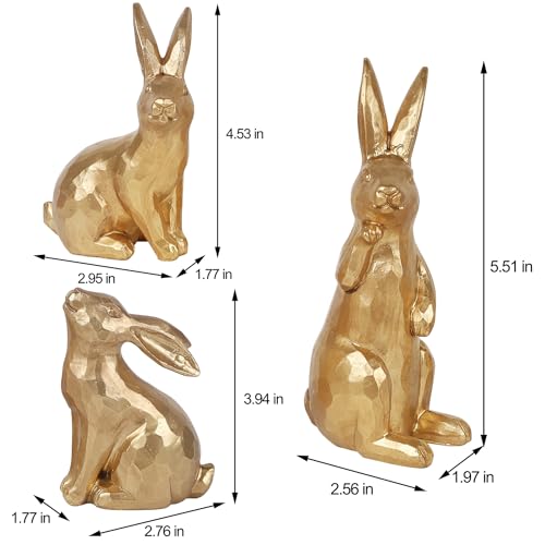 Glintoper 3 Pack Easter Bunny Figurines Decor, Mini Resin Golden Bunnies Spring Sculpture Tabletop Ornament, Rabbits Festival Present for Garden Home Table Office Dining Room Mantle Party Supplies