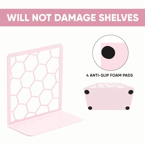 GEOMOD Geometric Honeycomb Pink Metal Bookends Decorative - Tall Sturdy Book Ends for Shelves - Modern Heavy Duty Bookend Stopper - Office or Home Book Shelf Book Holder - 6x3.25x6.25 Inches - 1 Pair - color: Pink, size: 1 Pair, style: Honeycomb
