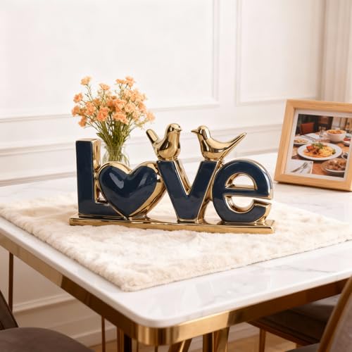 DOVDOV Blue and Gold Ceramic Love Sign Sculpture with Heart and Bird Statues, Modern Home Decor Accents for Living Room Coffee Table, TV Stand, Entryway and Shelf, Wedding or Housewarming Gift - color: Blg