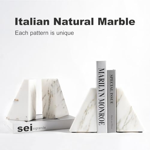 Marble Book Ends White, Heavy Duty Book Ends for Shelves, Decorative Natural Book Stopper，Unique Decorative Bookend for Home Shelves Calacatta Natural Marble Bookend, Set of 2 - color: Calacatta