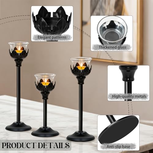 Set of 3 Metal Tea Light Candle Holder with 3 Glass Cups, 12/10/8 Inch Elegant Tealight Candelabra Centerpiece for Wedding Table Decor, Tiered Home Party Decoration (3, Black) - color: Black