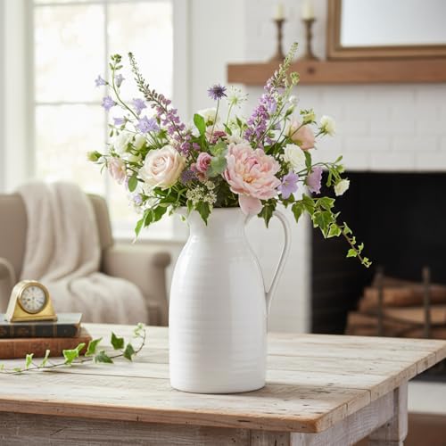 hjn Farmhouse Pitcher Vase for Flowers- Ceramic Pitcher White Flower Vase for Your Kitchen/Home Decor/Office/Living Room/Bookshelf/Mantel/-White - color: White - Pitcher Vase