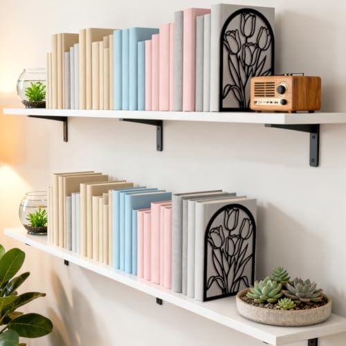 Peacoblue Metal Bookends for Shelves, Modern Decorative Heavy Duty Study Book Ends Stoppers for Office, Desk, Shelf, Room 5.3"x4.3"x7.9" Cast Iron Simple Tall Bookends 1 Pair (Tulips) - style: Tulips