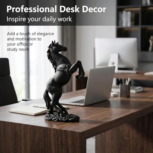 Feng Shui Black Horse Statue for Home Decor - 12.2" Matte Black Resin Rearing Stallion Sculpture - Modern Industrial Figurine for Executive Desk, Bookshelf & Gift for Men (Symbol of Power) - color: Black