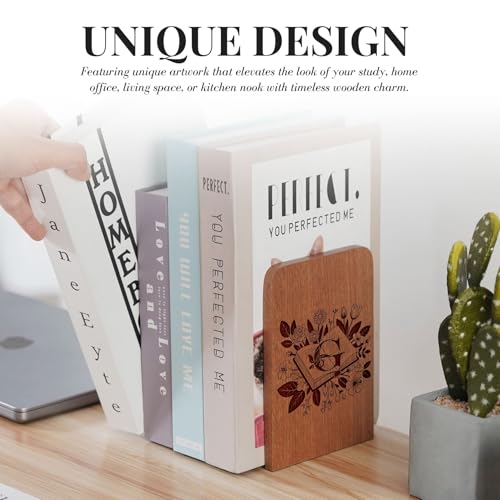 Wood Bookends, Book Ends for Shelves with Decorative Alphabet A and Z Design - Heavy Duty Iron & Ebony Wood Book Ends for Shelves Bookcase Desk - 1 Pair - G - color: G