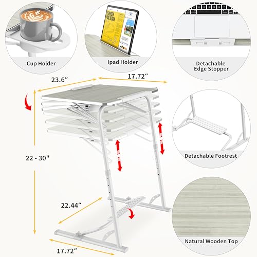 FoldWise Upgraded Folding TV Tray Table - Extra Large & Sturdy Laptop Table for Couch, Height & Angle Adjustable Desk for Dinner, Work & TV - Includes Footrest, Cup Holder, iPad Holder & Edge Stopper - color: (White) - Bright Wood