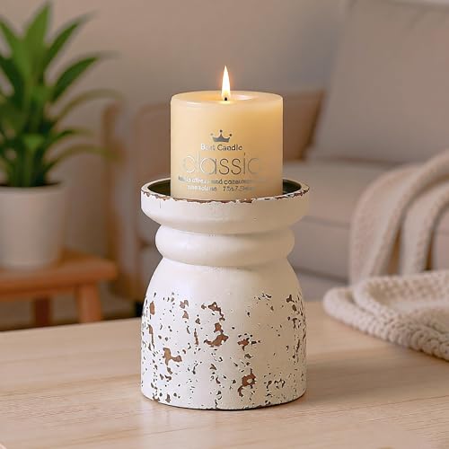 SOFE Rustic Distressed White Candle Holder, 6 Inches Tall Wooden Candle Stands for Pillar Candles, Vintage Candle Pedestal for Home Table Mantle Decorations, House Warming Gift