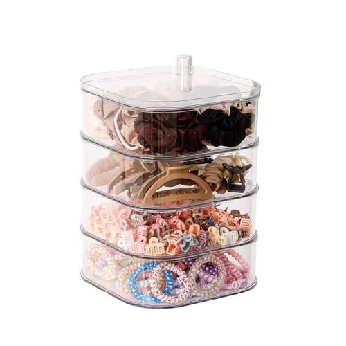 FABROK 4-Layer Girls Hair Tie Organizer, Rotating Hair Accessories Storage Holder for Vanity and Bathroom, Clear Plastic Container for Women Makeup Tools, Skincare Products - size: 4-Layer