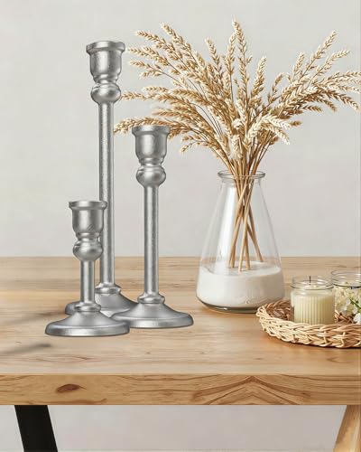 3-Piece Metal Candle Holders Set - Heavy Duty Alloy Taper Candlesticks for Table Centerpiece, Christmas, Dinner Party, Vintage Home Decor - 5-7.5 -10.3Inch Tall, Antique Gold Finish (Silver) - color: Silver